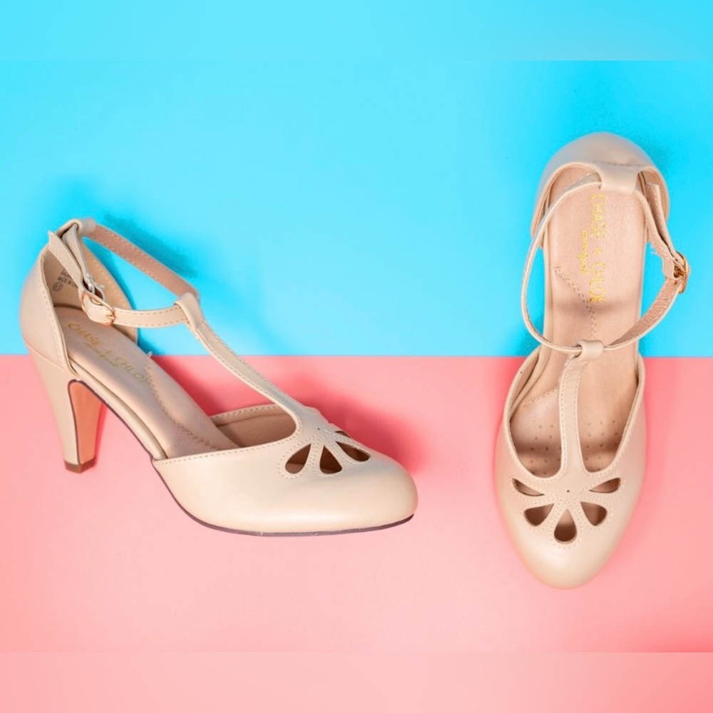 Chase + Chloe 
Women's Teardrop Cut Out T-Strap Pump Size 6.5